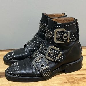 Zara Black Leather Studded‎ Buckled Moto Ankle Boots 6.5 A34